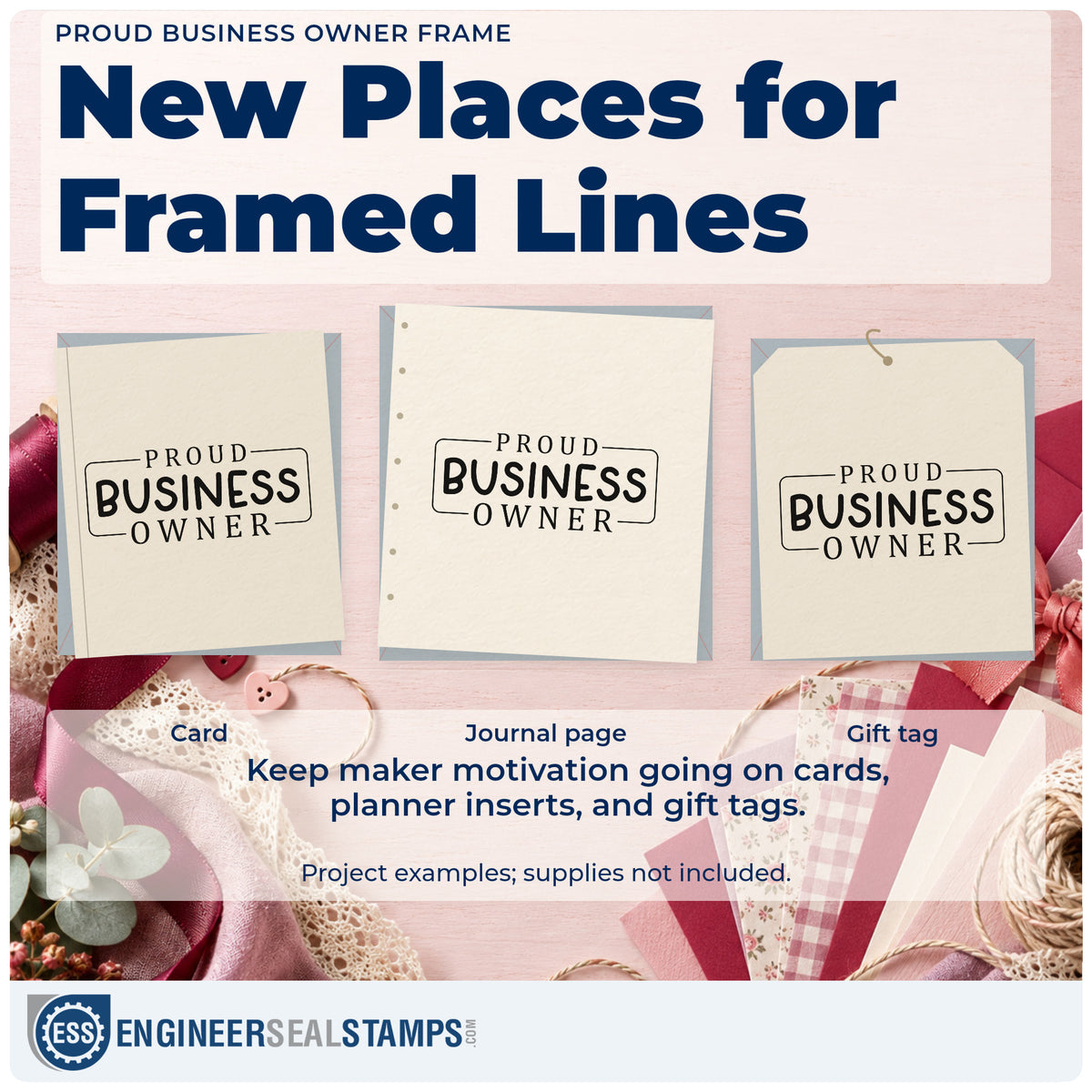 Three project examples made with the Premium Wooden Proud Business Owner Stamp – Vintage Pro, including reorder plan sheet.