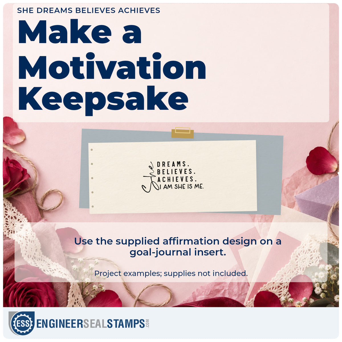 A finished handmade project stamped with the She Dreams. Believes. Achieves. I Am She Is Me Rubber Stamp – Wood Handle, ideal for opening album page.