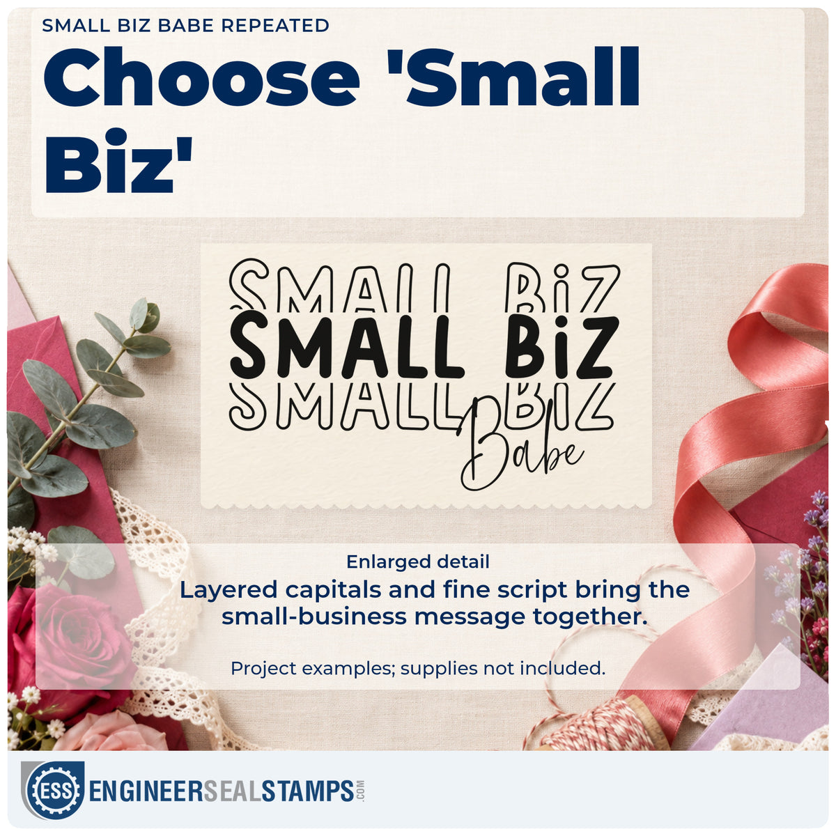 Enlarged detail of the Small Biz Babe Repeated Script Lettering Self-Inking Craft Stamp imprint. The words "Small biz" repeat in outlined and solid rows above the script word "babe."