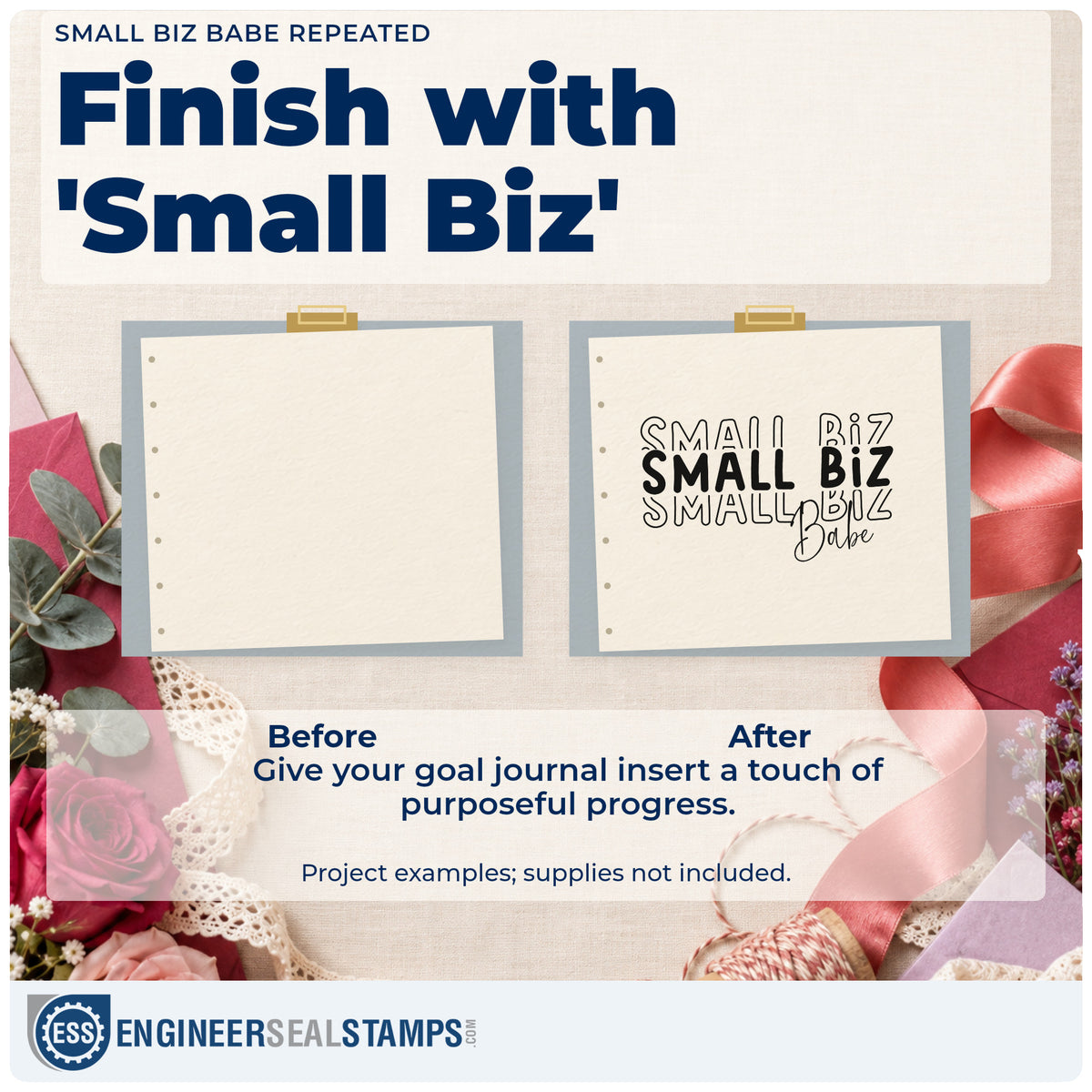 Before and after of a plain item finished with the Small Biz Babe Repeated Script Lettering Self-Inking Craft Stamp, a quick upgrade for framed bench shelf.