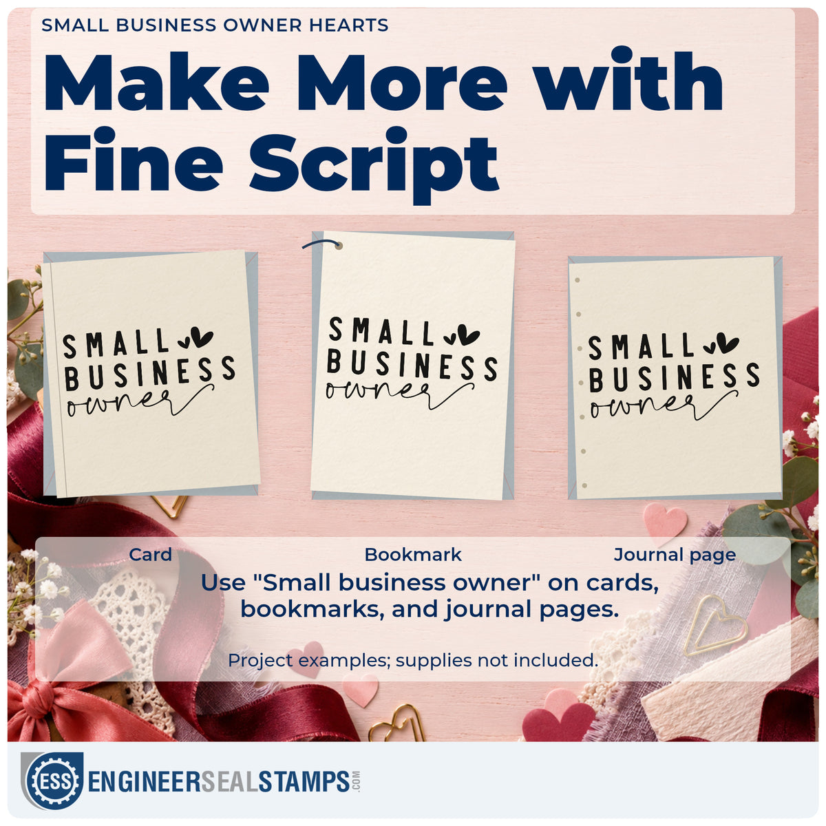 Three project examples made with the Small Business Owner Hearts Wood-Mounted Rubber Stamp, including service queue sheet.
