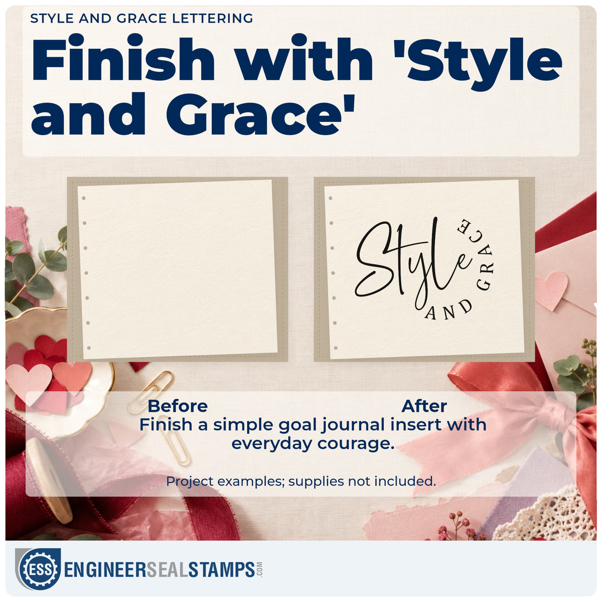 Before and after of a plain item finished with the Style And Grace Lettering Stamp – Self-Inking, a quick upgrade for framed studio table.