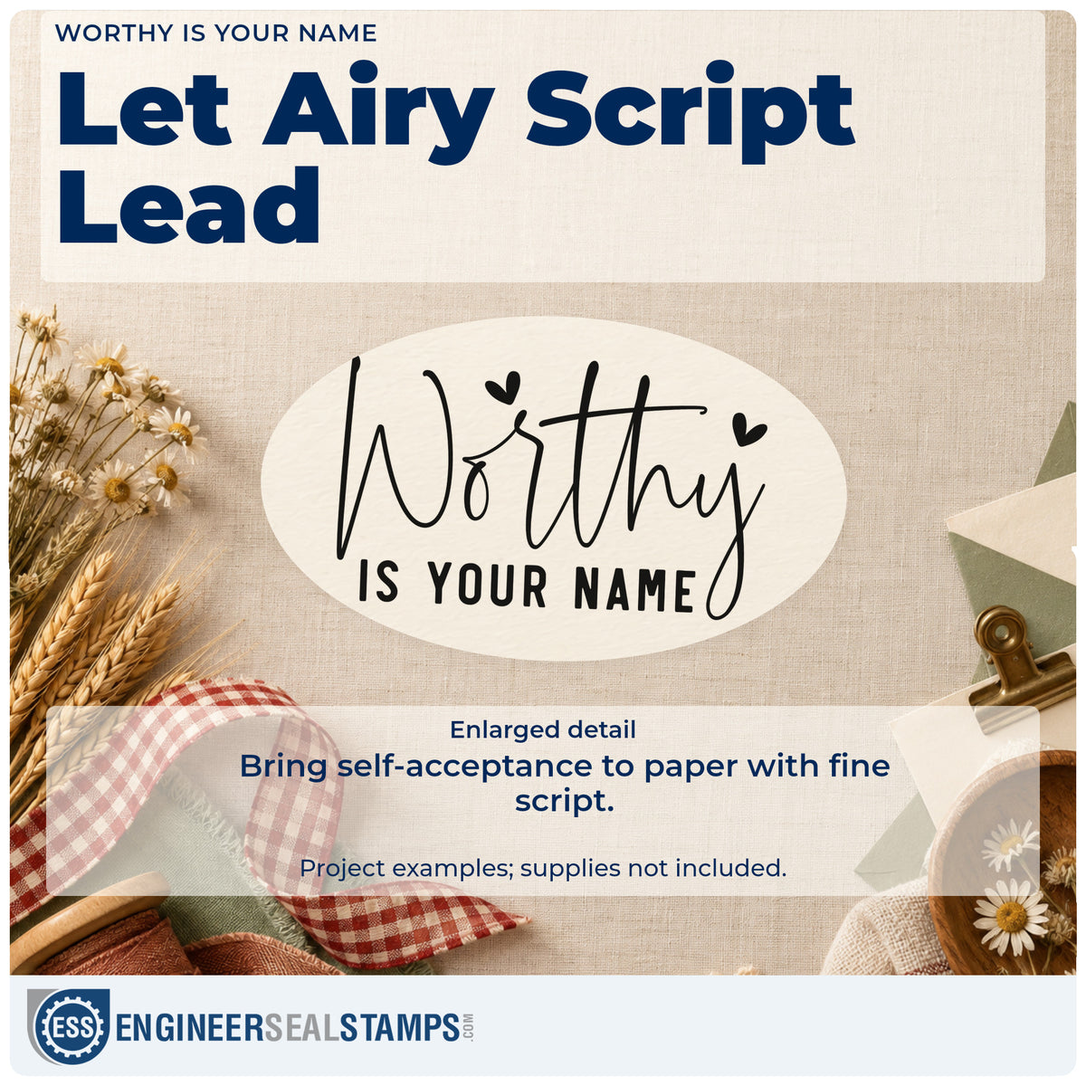 Enlarged detail of the Worthy Is Your Name With Hearts PSI Pre-Inked Stamp imprint. The phrase "Worthy is your name" combines large thin script and small bold capitals with hearts.