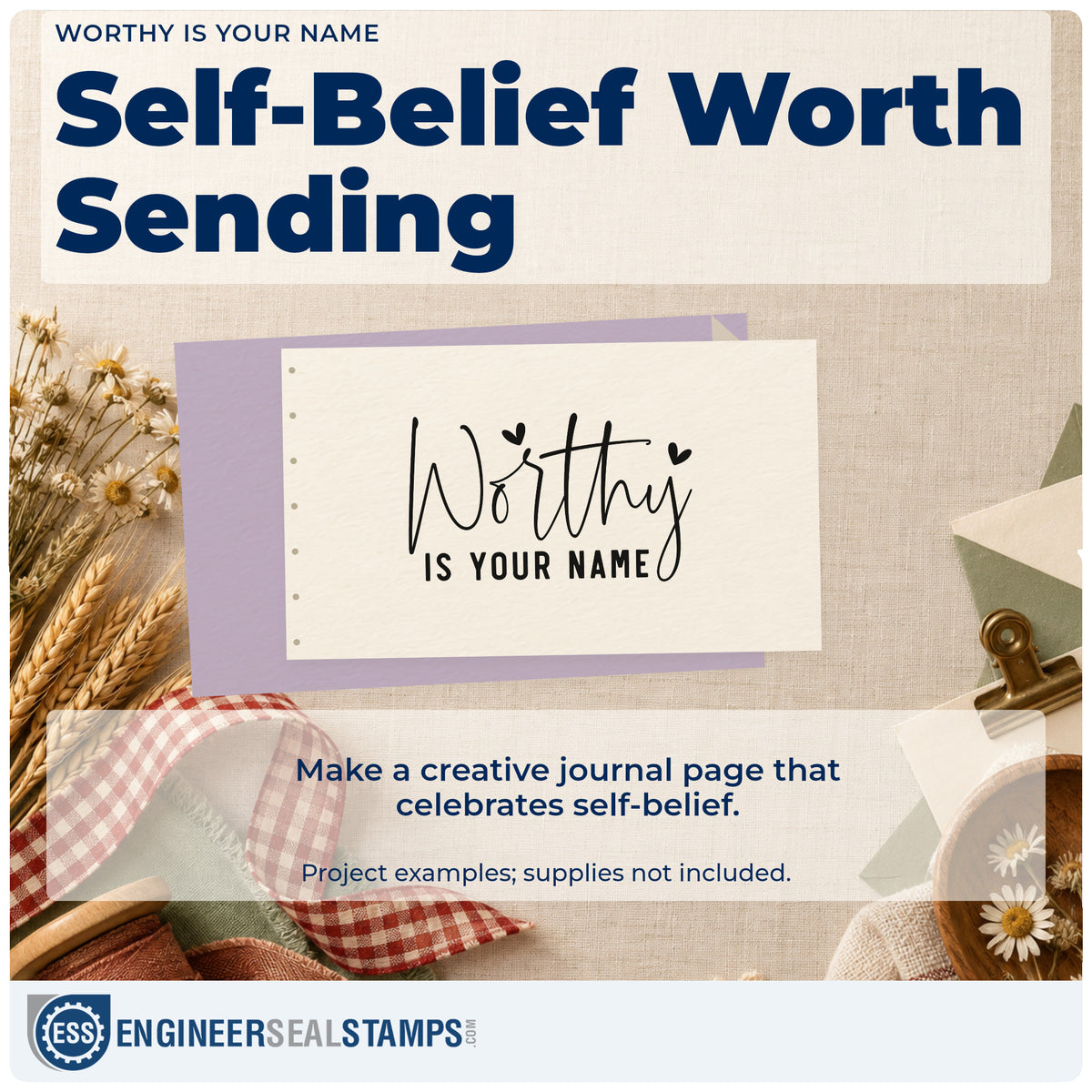 A finished handmade project stamped with the Worthy Is Your Name With Hearts PSI Pre-Inked Stamp, ideal for shop year album page.