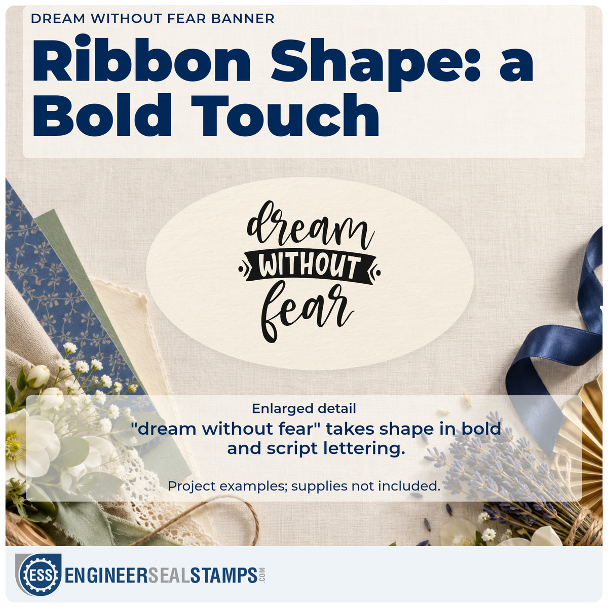 Enlarged detail of the Dream Without Fear Stamp – Duo Hand imprint. The words "dream without fear" appear in bold script with "without" inside a dark ribbon banner.