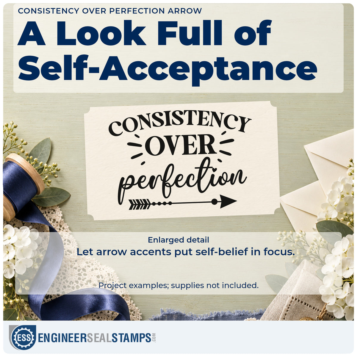 Enlarged detail of the Right Arrow Consistency Over Perfection Rubber Stamp – Duo Hand imprint. The phrase "Consistency over perfection" appears with rays and a right-pointing arrow with small dot accents.