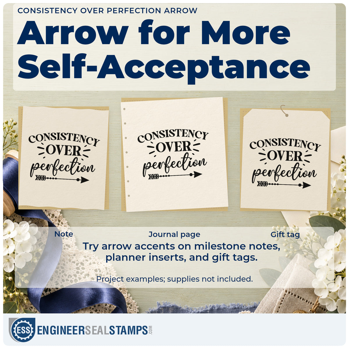 Three project examples made with the Right Arrow Consistency Over Perfection Rubber Stamp – Duo Hand, including daily review sheet.