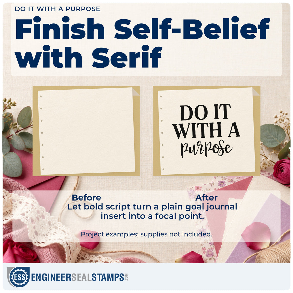 Before and after of a plain item finished with the Do It With A Purpose Premium Wood-Mounted Stamp – Vintage Pro, a quick upgrade for framed trailhead board.