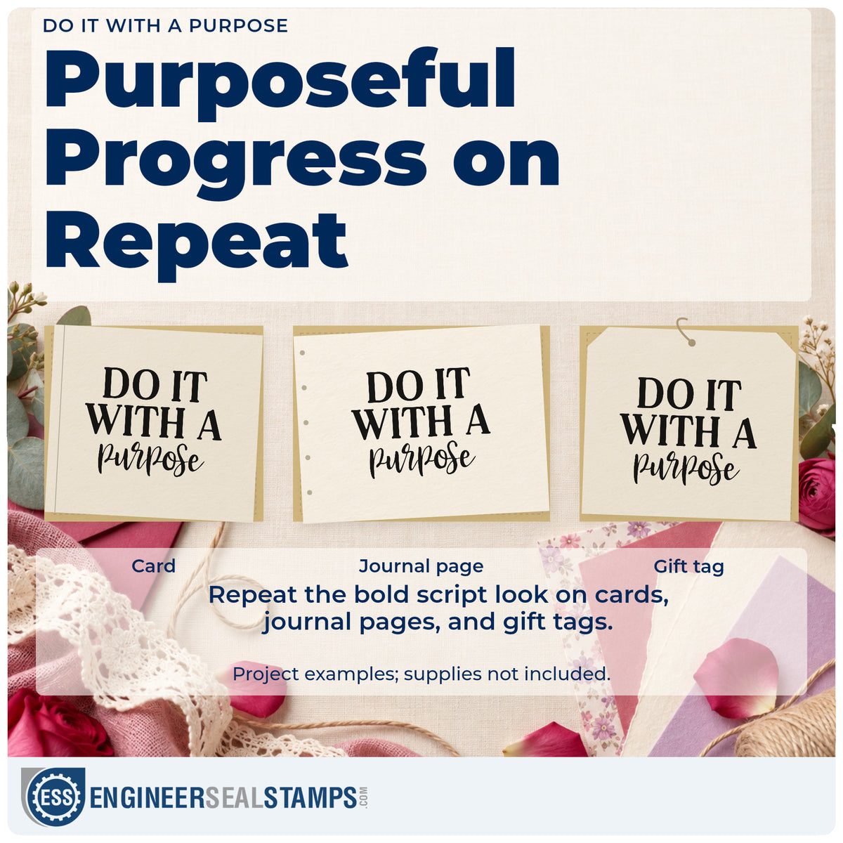 Three project examples made with the Do It With A Purpose Premium Wood-Mounted Stamp – Vintage Pro, including work day sheet.
