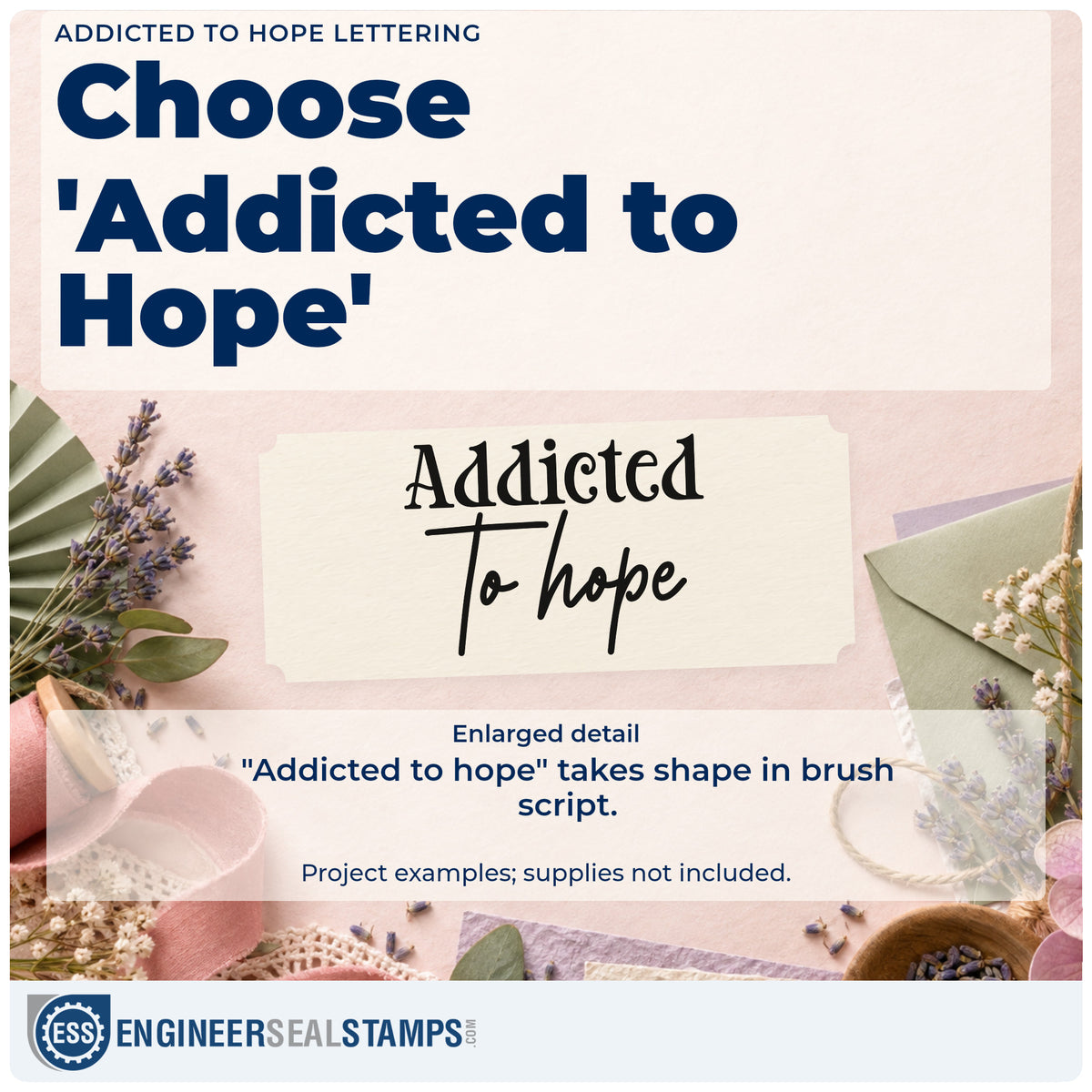 Enlarged detail of the Pre-Inked Addicted To Hope Lettering Stamp – PSI imprint. The words "Addicted to hope" combine decorative serif lettering and brush script.