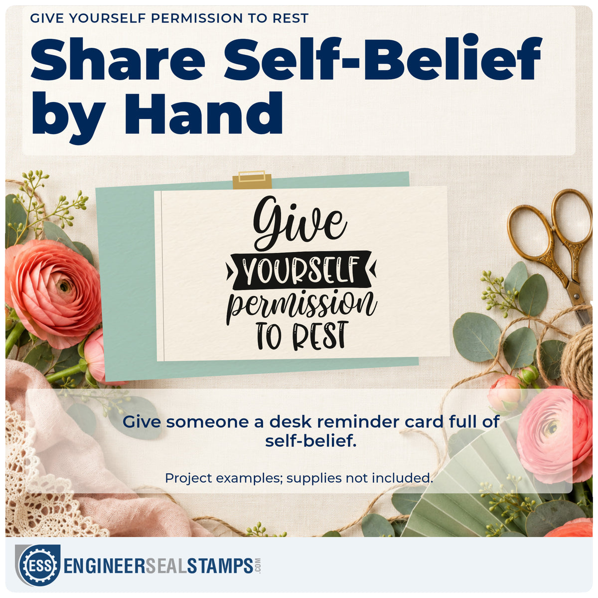 A finished handmade project stamped with the Give Yourself Permission To Rest Ribbon Lettering Stamp – Wood Handle, ideal for slow day album page.