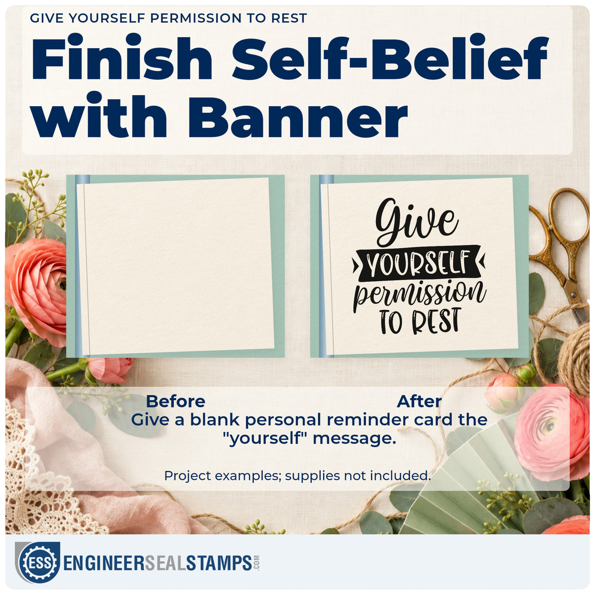 Before and after of a plain item finished with the Give Yourself Permission To Rest Ribbon Lettering Stamp – Wood Handle, a quick upgrade for framed back porch.
