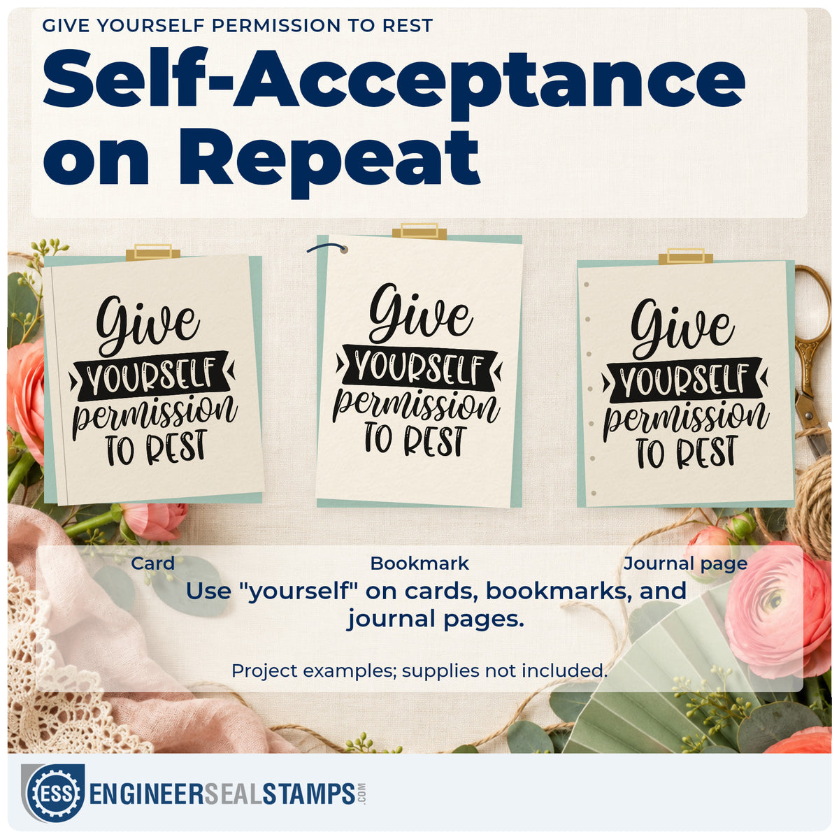 Three project examples made with the Give Yourself Permission To Rest Ribbon Lettering Stamp – Wood Handle, including nothing plan sheet.