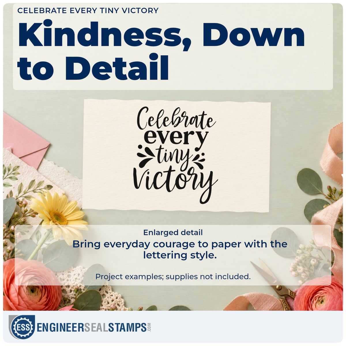Enlarged detail of the Celebrate Every Tiny Victory Duo Hand Stamp imprint. The phrase "Celebrate every tiny victory" appears in varied lettering with small decorative splashes.