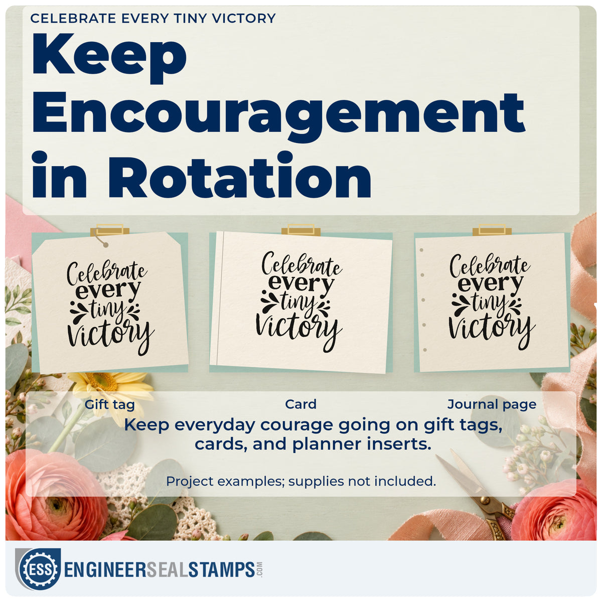 Three project examples made with the Celebrate Every Tiny Victory Duo Hand Stamp, including zone plan sheet.