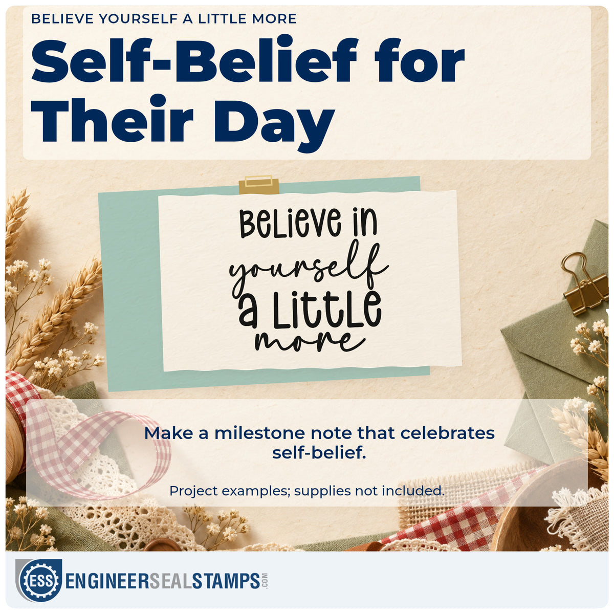 A finished handmade project stamped with the Premium Wooden Believe Yourself A Little More Stamp – Vintage Pro, ideal for speaking album page.