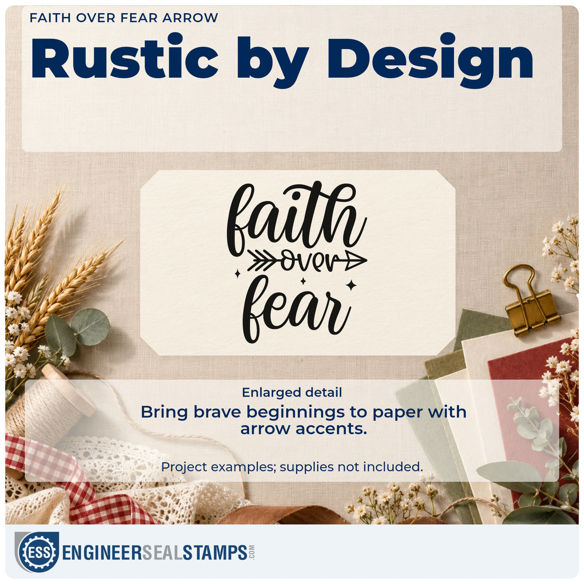 Enlarged detail of the Faith Over Fear Arrow With Sparkles Pre-Inked Stamp – PSI imprint. The words "faith over fear" appear in bold script with an arrow through "over" and small sparkles.