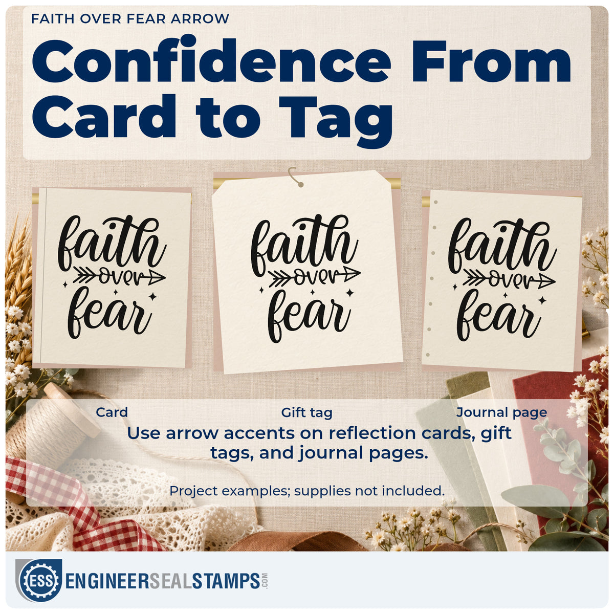 Three project examples made with the Faith Over Fear Arrow With Sparkles Rubber Stamp – Duo Hand, including team roster sheet.