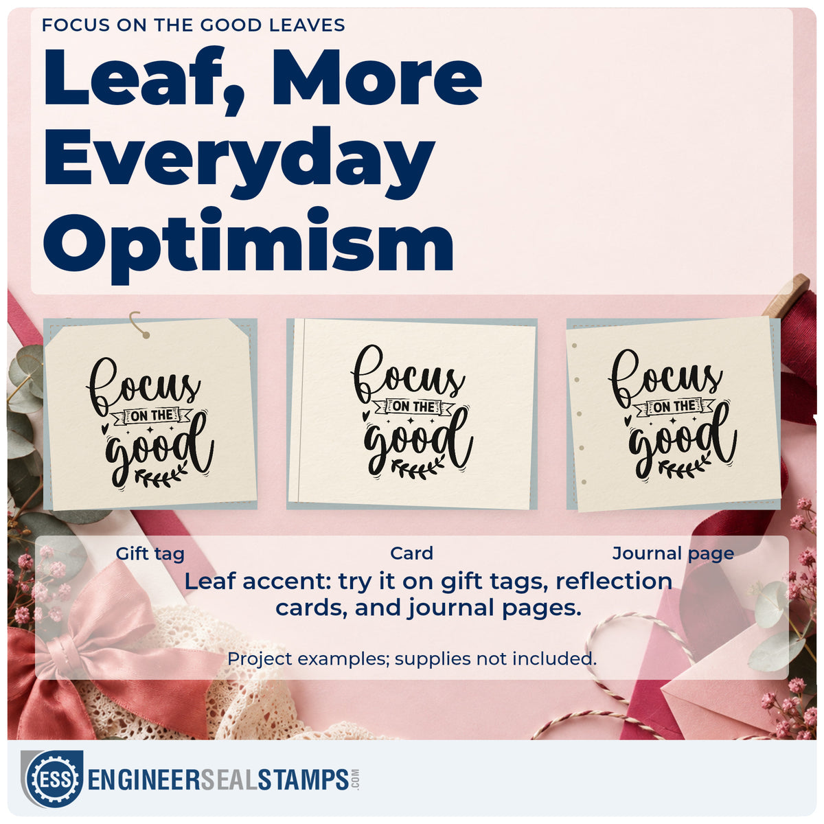 Three project examples made with the Focus On The Good Leaves Duo Hand Stamp, including activity plan sheet.