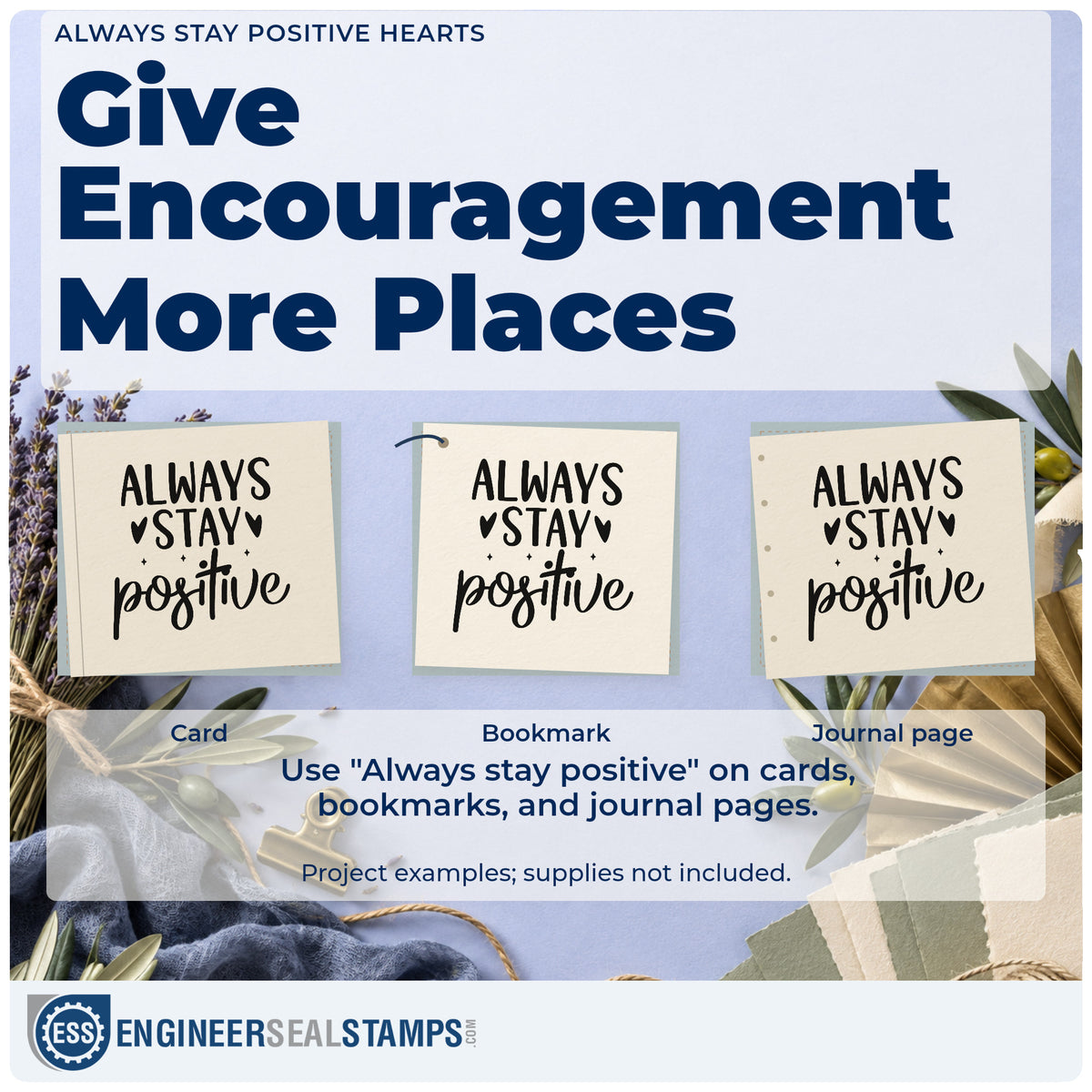 Three project examples made with the Premium Wooden Always Stay Positive Stamp – Vintage Pro, including level progress sheet.