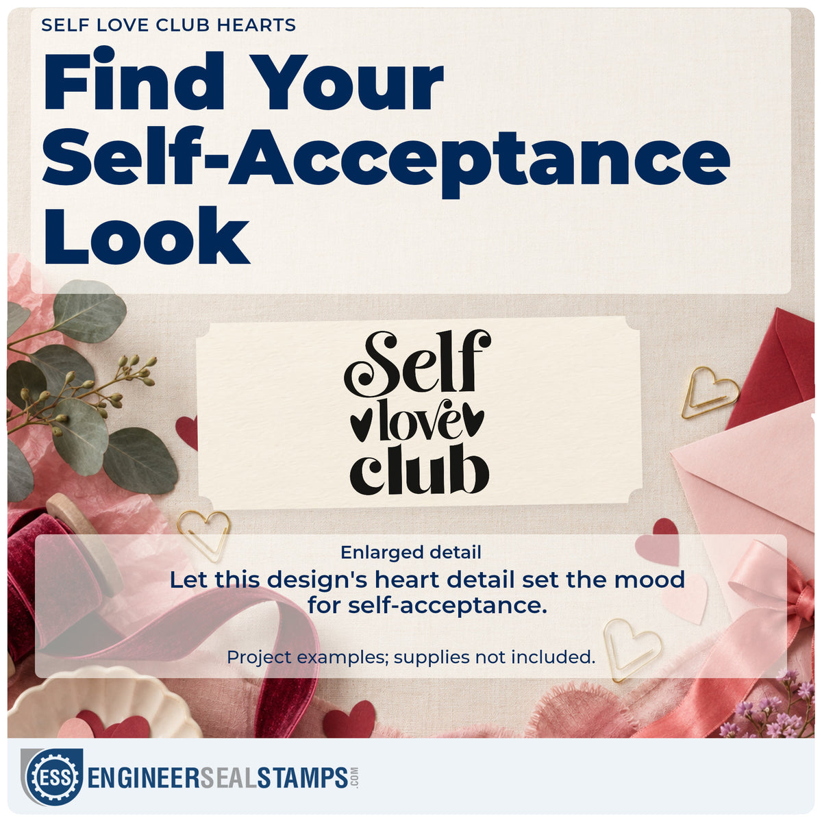 Enlarged detail of the Self Love Club Stamp – Duo Hand imprint. The words "Self love club" appear in heavy decorative serif lettering with two solid hearts.
