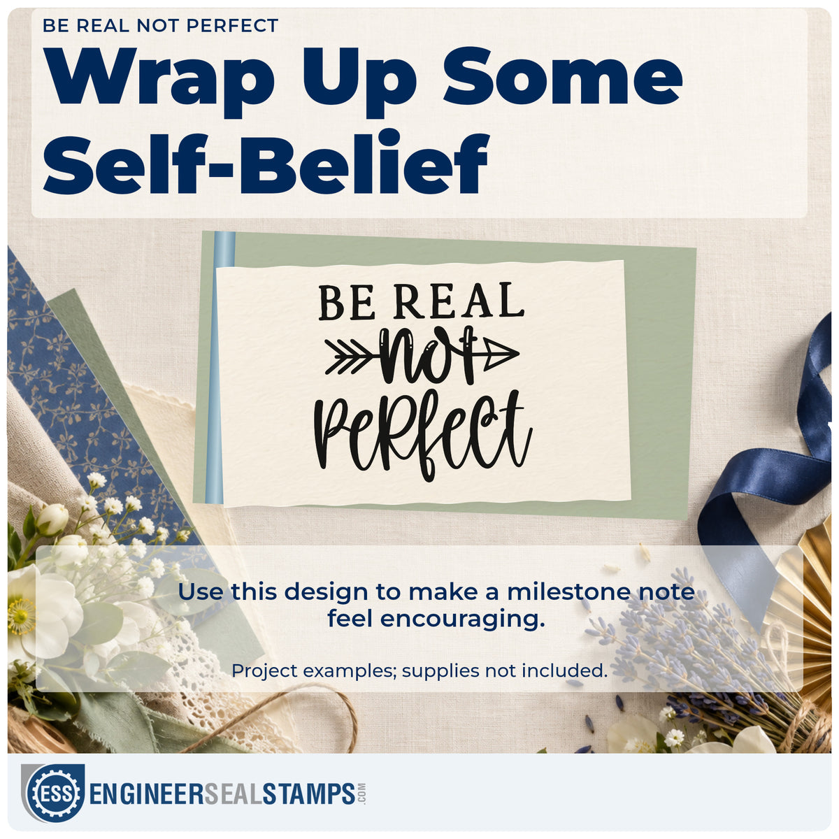 A finished handmade project stamped with the Be Real Not Perfect PSI Pre-Inked Stamp, ideal for home cook album page.
