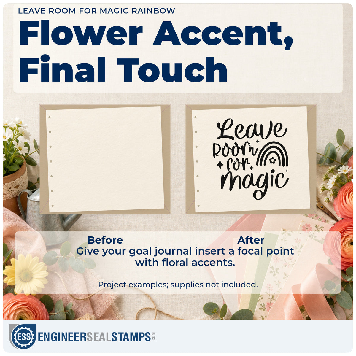 Before and after of a plain item finished with the Leave Room For Magic Rainbow Floral Accents Rubber Stamp – Duo Hand, a quick upgrade for framed window sill.