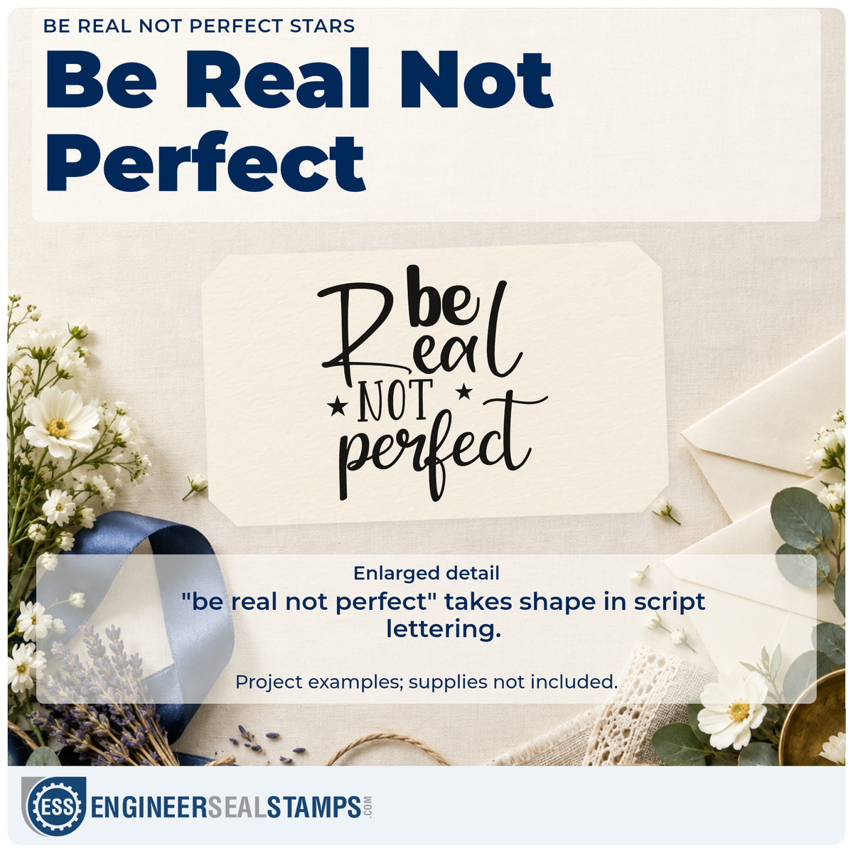 Enlarged detail of the Be Real Not Perfect Star Accents Premium Wooden Stamp – Vintage Pro imprint. The words "be real not perfect" appear in mixed script and capitals with two stars.
