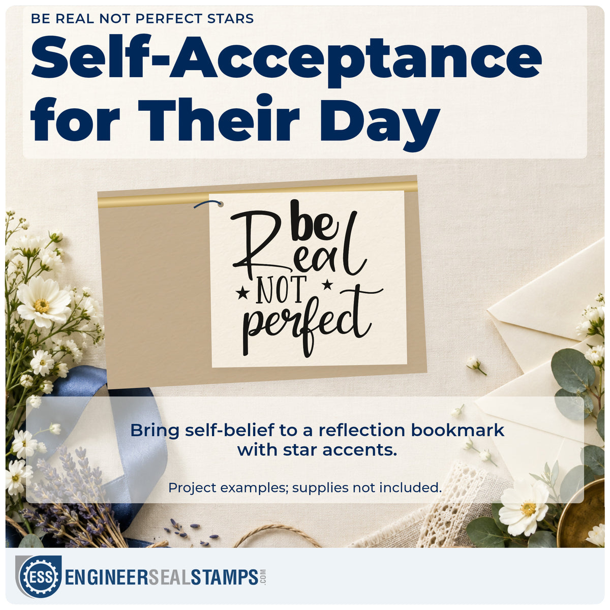 A finished handmade project stamped with the Be Real Not Perfect Star Accents Premium Wooden Stamp – Vintage Pro, ideal for crop night album page.
