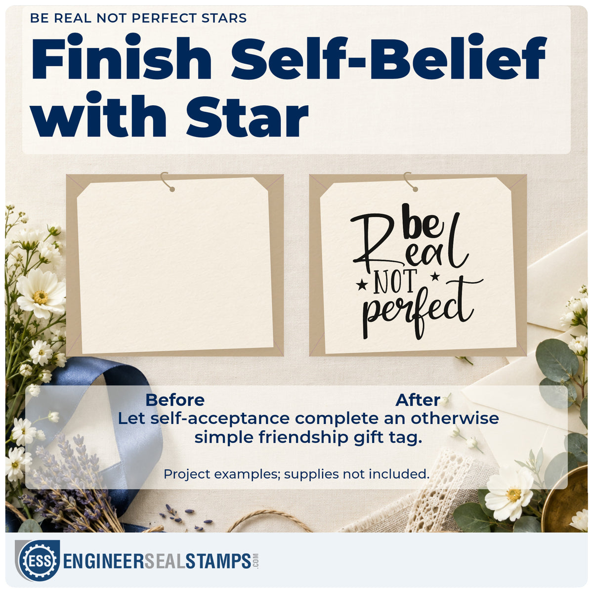 Before and after of a plain item finished with the Be Real Not Perfect Star Accents Premium Wooden Stamp – Vintage Pro, a quick upgrade for framed craft room.