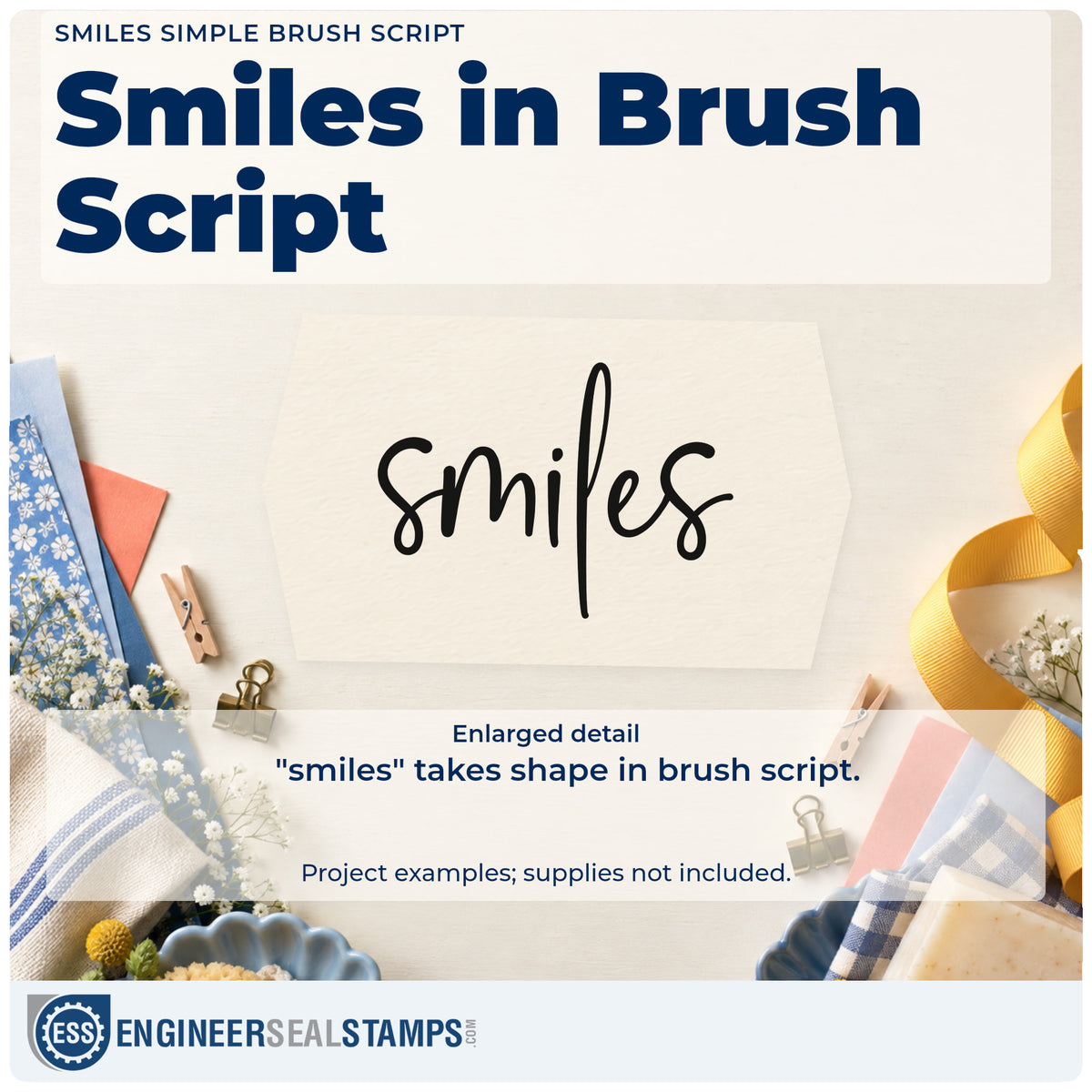 Enlarged detail of the Smiles Simple Brush Script PSI Pre-Inked Stamp imprint. The word "smiles" appears alone in casual brush script.