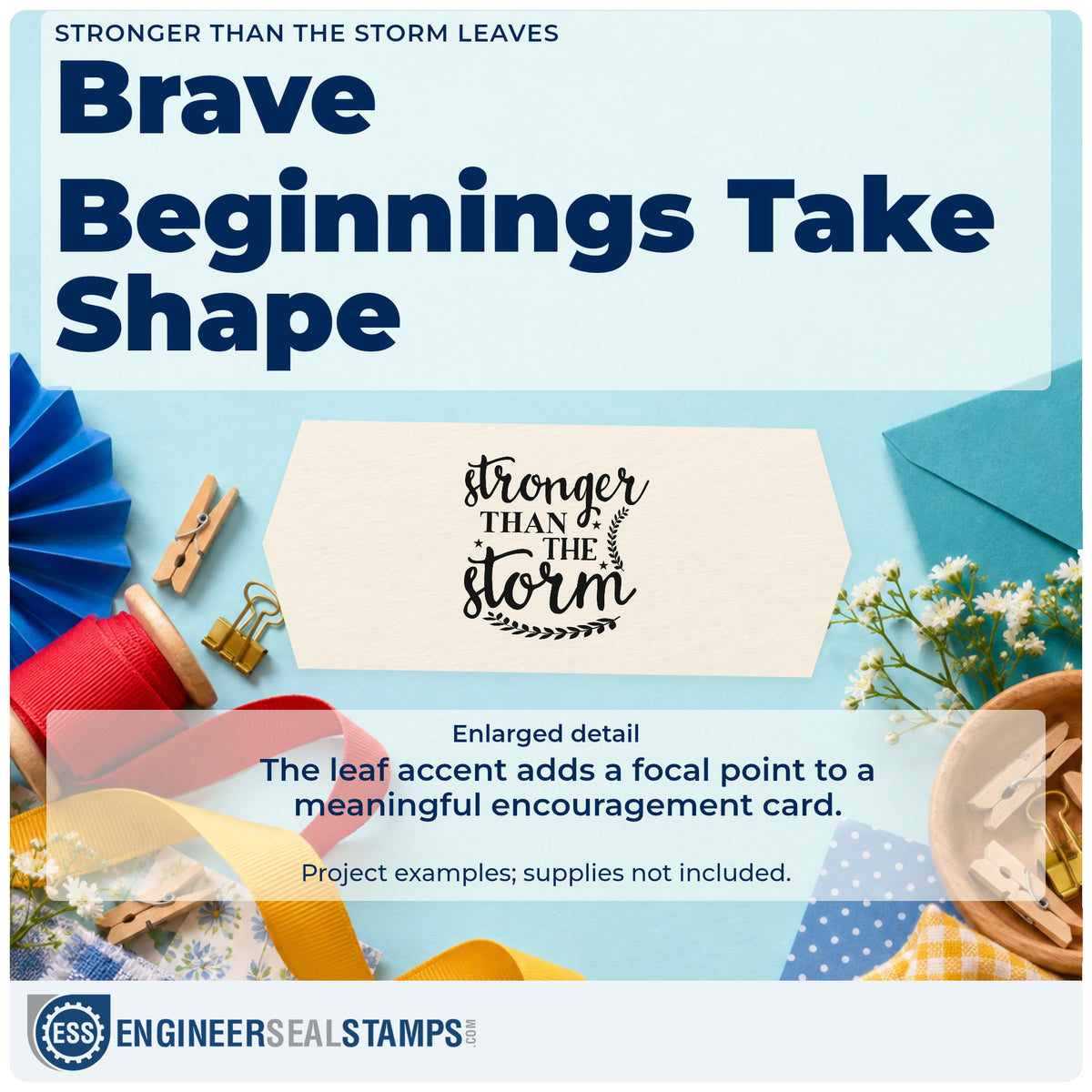 Enlarged detail of the Stronger Than The Storm Botanical Sprig Self-Inking Stamp imprint. The phrase "stronger than the storm" includes leafy sprigs, stars, and an outlined heart.