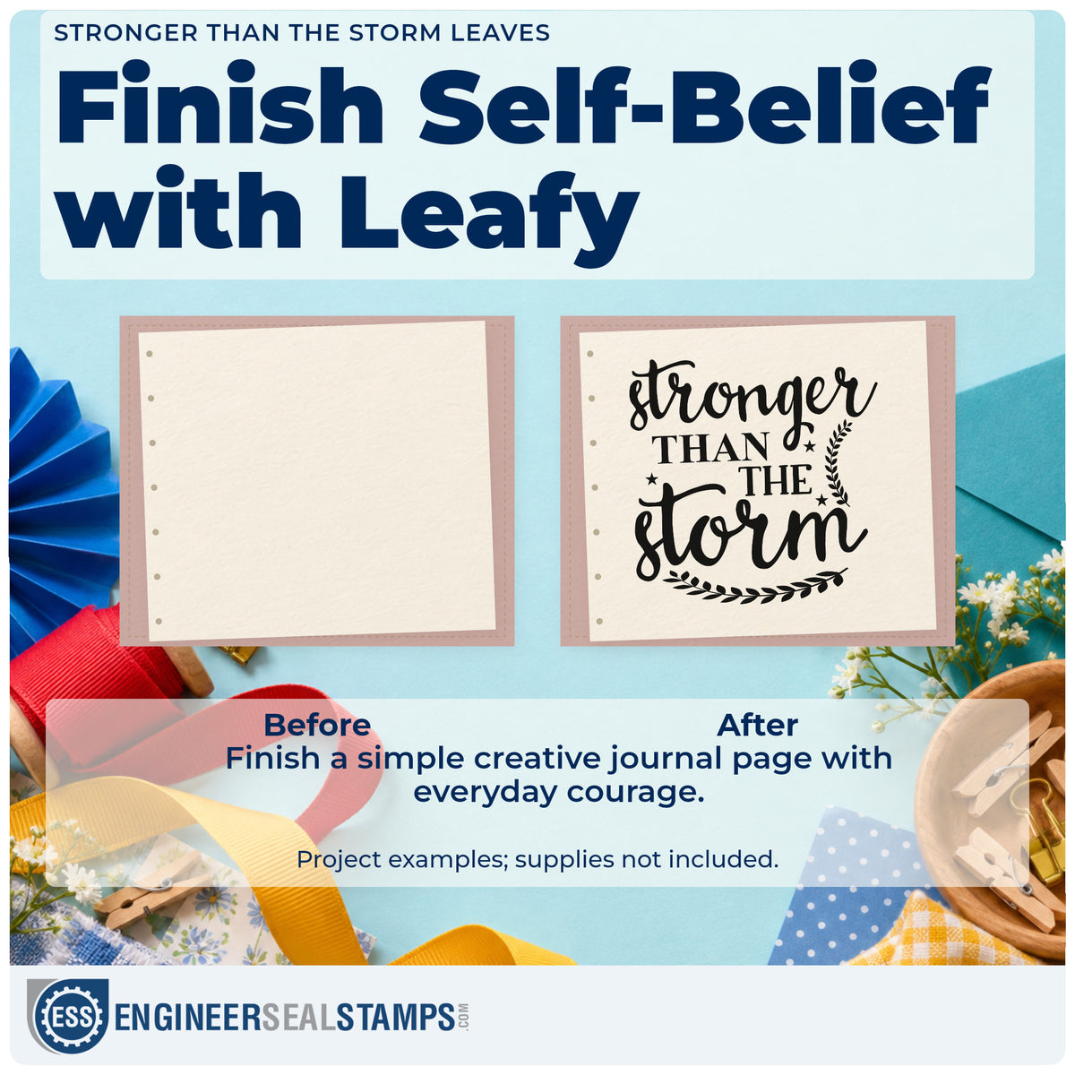 Before and after of a plain item finished with the Stronger Than The Storm Botanical Sprig Self-Inking Stamp, a quick upgrade for framed potting shed.
