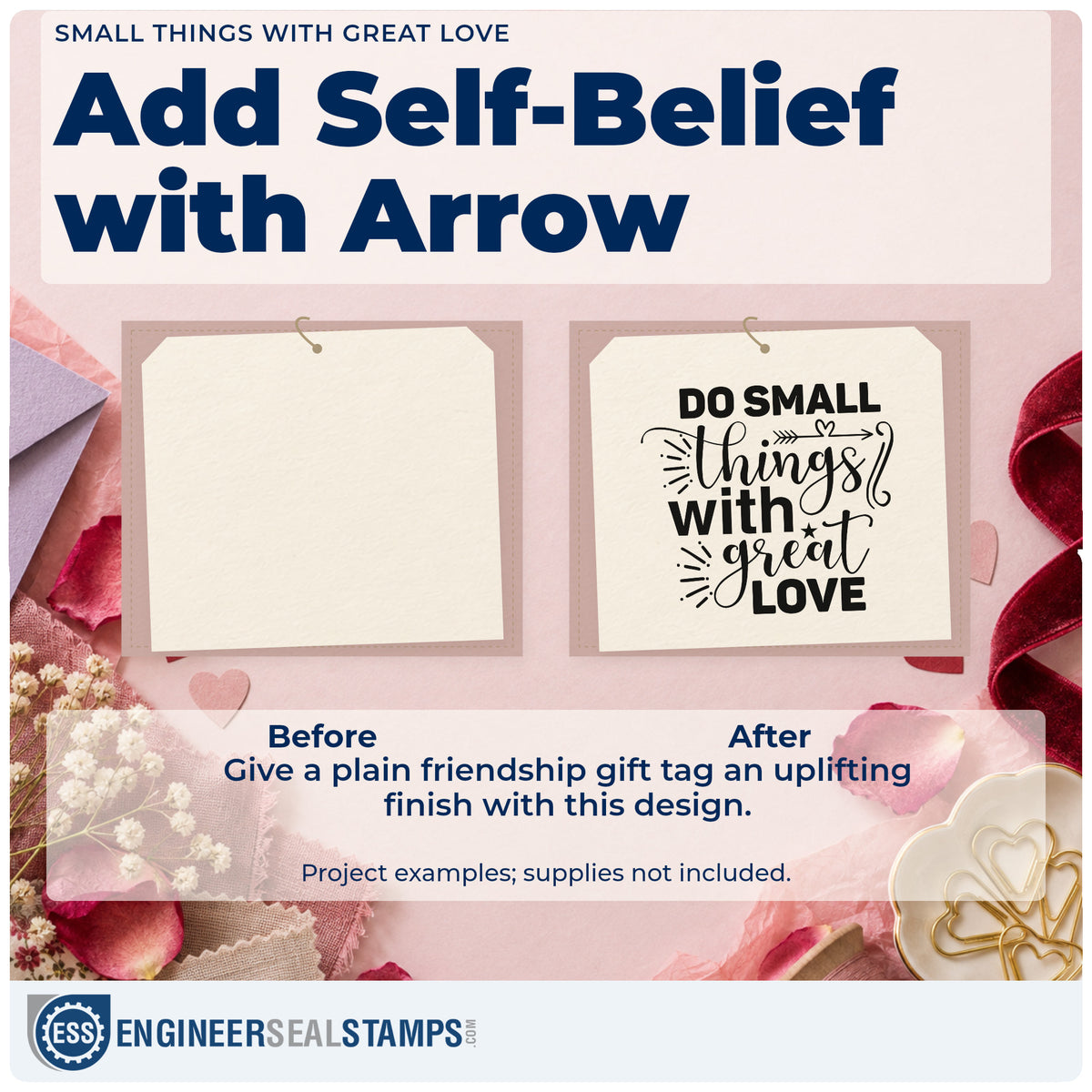 Before and after of a plain item finished with the Do Small Things With Great Love Premium Wood-Mounted Stamp – Vintage Pro, a quick upgrade for framed meeting hall.