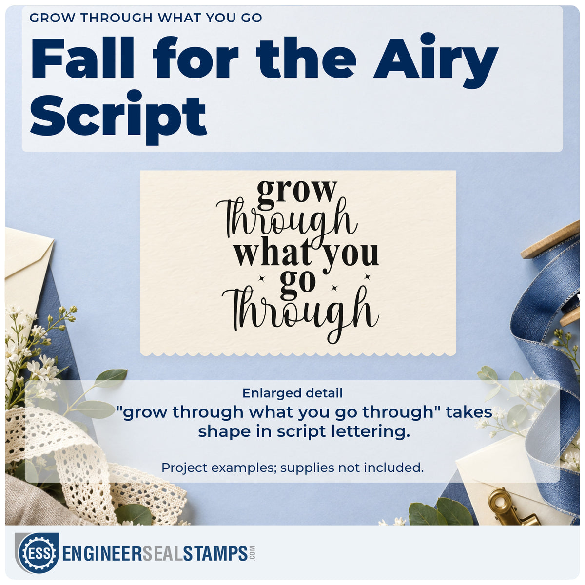 Enlarged detail of the Grow Through What You Go Through With Stars Compact Pre-Inked Stamp – Slim imprint. The phrase "grow through what you go through" alternates serif capitals and fine script with small stars.