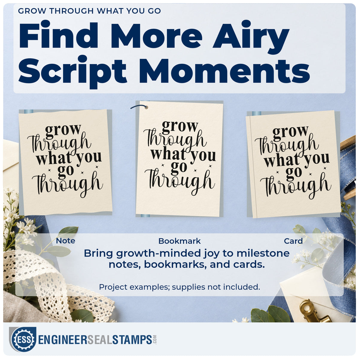 Three project examples made with the Grow Through What You Go Through With Stars Stamp – Wood Handle, including plot assign sheet.