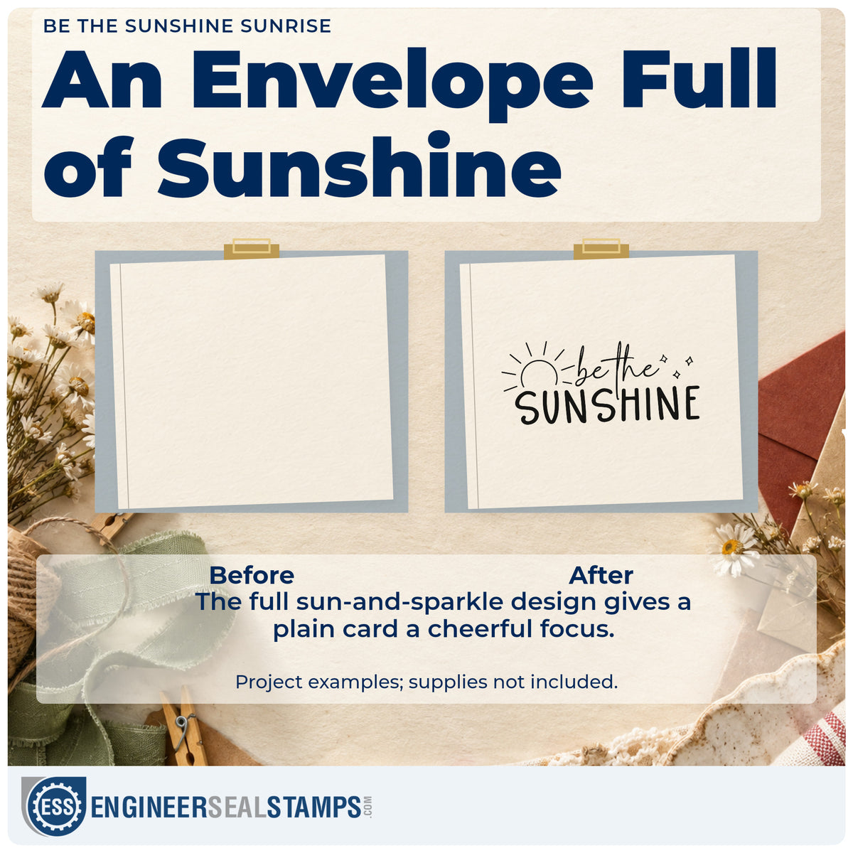 Before and after of a plain item finished with the Be The Sunshine Sunrise With Sparkles Pre-Inked Stamp – PSI, a quick upgrade for framed porch post.
