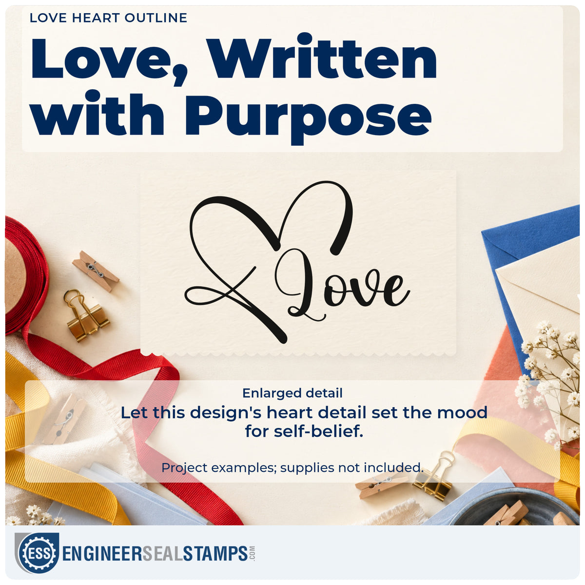 Enlarged detail of the Love Heart Line Art Stamp – Premium Vintage Pro Wooden imprint. The script word "Love" joins a large loosely drawn heart outline.