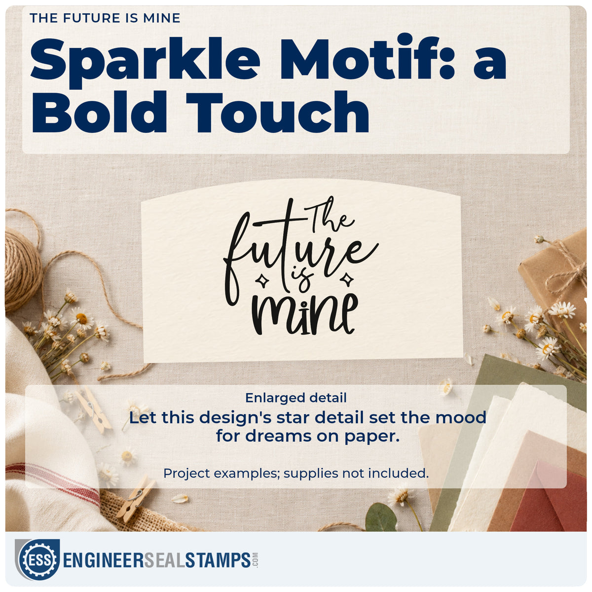 Enlarged detail of the The Future Is Mine With Sparkles Rubber Stamp – Duo Hand imprint. The phrase "The future is mine" appears in bold flowing script with two diamond sparkles.