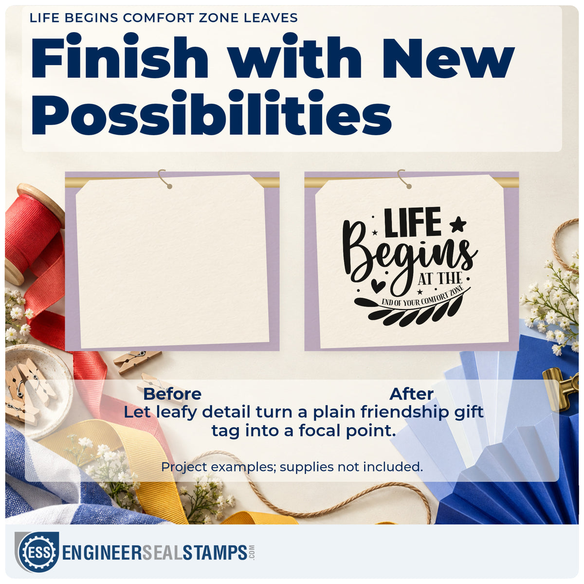 Before and after of a plain item finished with the Life Begins At The End Of Your Comfort Zone Wood-Mounted Rubber Stamp, a quick upgrade for framed back bar.