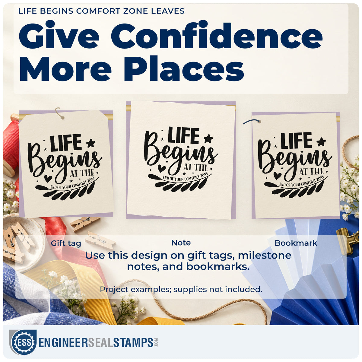 Three project examples made with the Life Begins At The End Of Your Comfort Zone PSI Pre-Inked Stamp, including set list sheet.