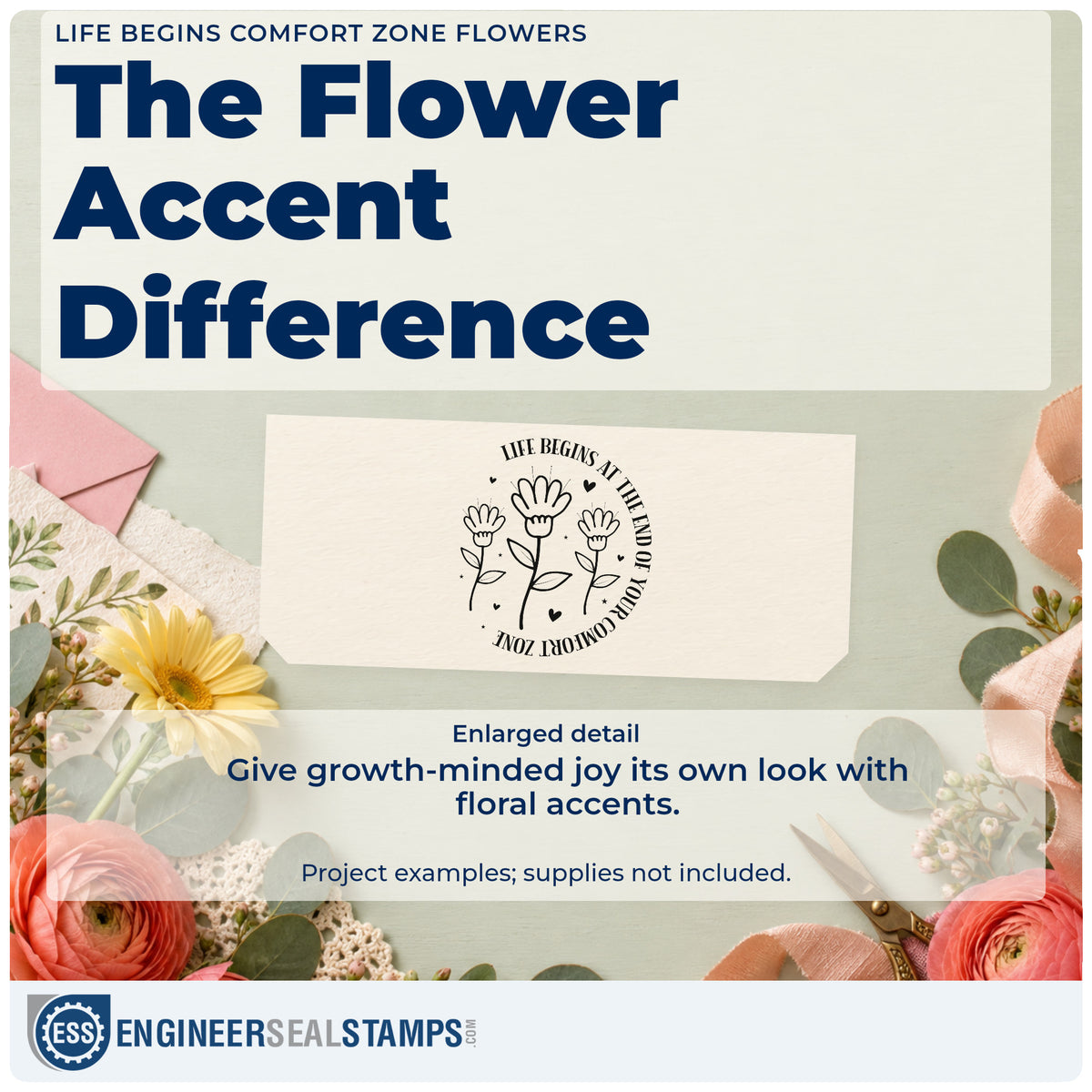 Enlarged detail of the Premium Wooden Life Begins Comfort Zone Flowers Stamp – Vintage Pro imprint. Three line-drawn flowers are surrounded by the curved phrase "Life begins at the end of your comfort zone" and tiny hearts.