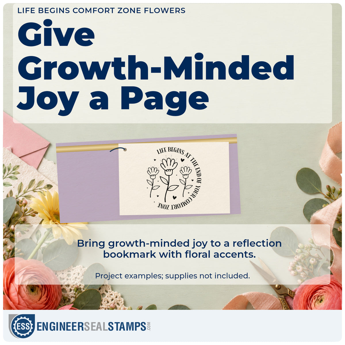 A finished handmade project stamped with the Life Begins Comfort Zone Flowers Rubber Stamp – Wood Handle, ideal for ballet term album page.