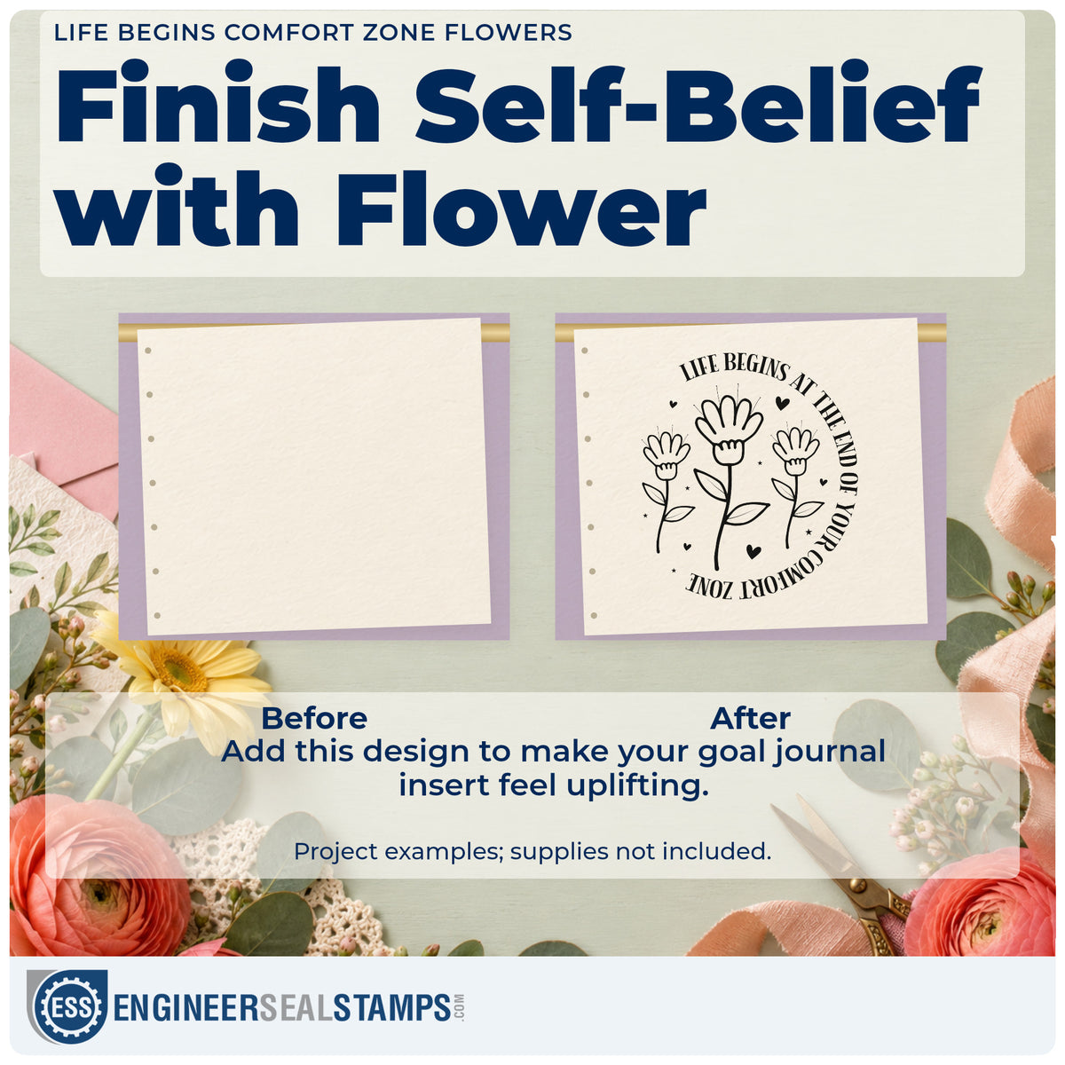 Before and after of a plain item finished with the Life Begins Comfort Zone Flowers Pre-Inked Stamp – PSI, a quick upgrade for framed studio barre.