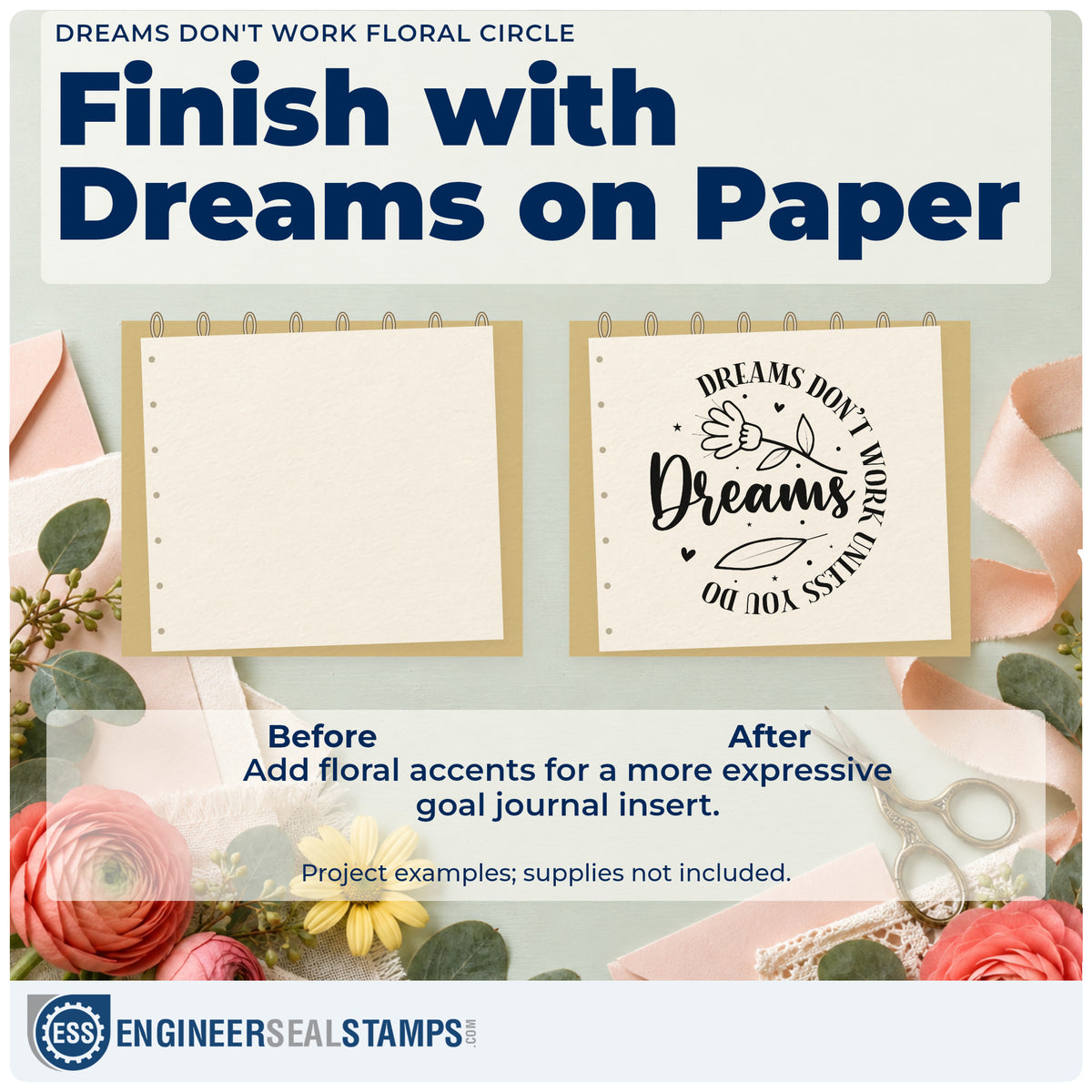Before and after of a plain item finished with the Dreams Don't Work Floral Circle Pre-Inked Stamp – Slim, a quick upgrade for framed teaching room.