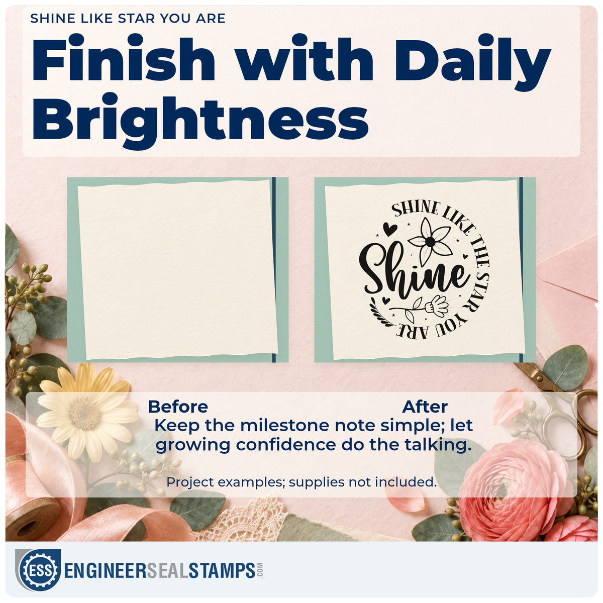 Before and after of a plain item finished with the Floral Shine Like The Star You Are Compact Pre-Inked Stamp – Slim, a quick upgrade for framed practice gym.