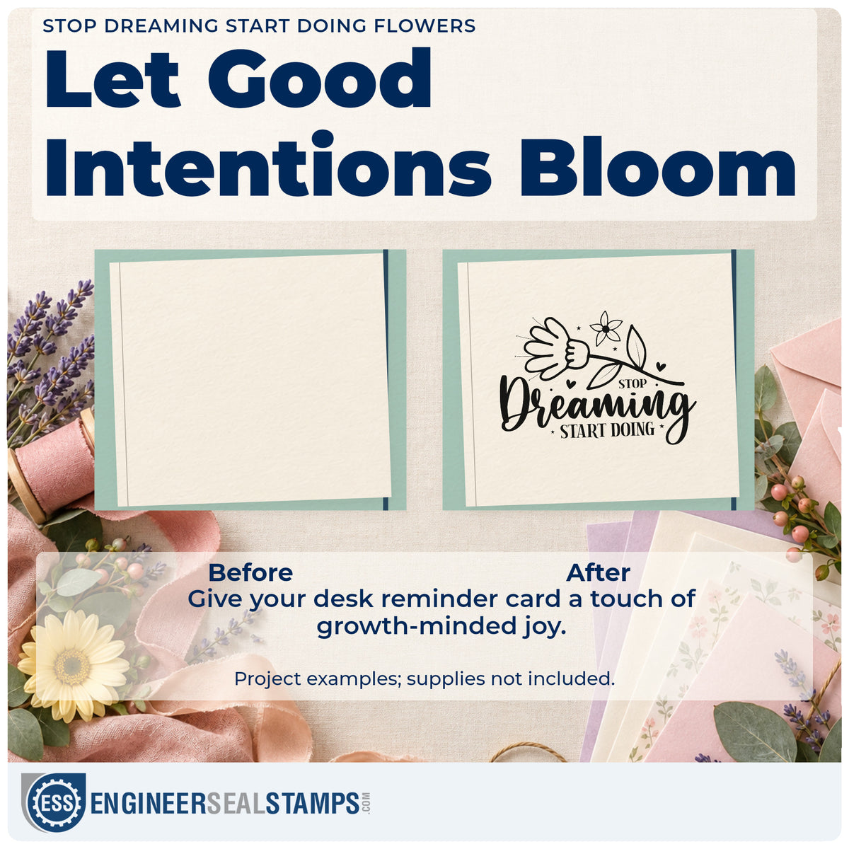 Before and after of a plain item finished with the Stop Dreaming Start Doing Flowers Duo Hand Stamp, a quick upgrade for framed tool wall.