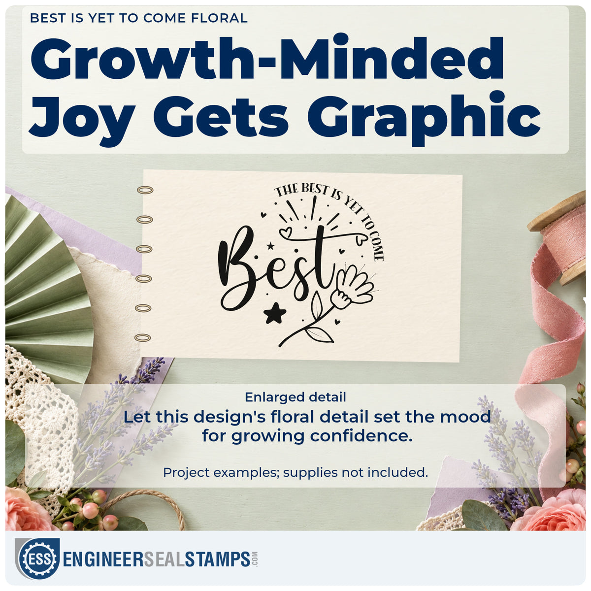 Enlarged detail of the Premium Wooden The Best Is Yet To Come Stamp – Vintage Pro imprint. The word "Best" appears with a flower, rays, stars, hearts, and curved text reading "The best is yet to come."
