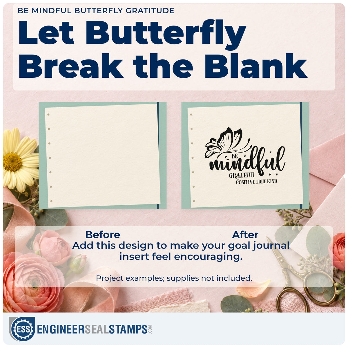 Before and after of a plain item finished with the Be Mindful Butterfly Gratitude Self-Inking Stamp, a quick upgrade for framed reading corner.