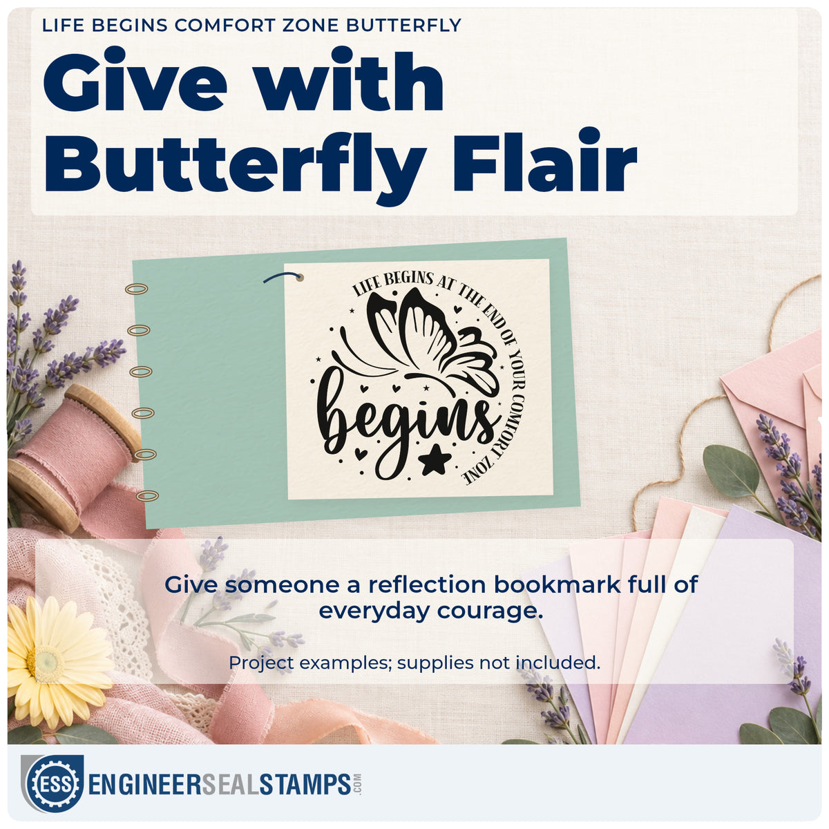 A finished handmade project stamped with the Life Begins Comfort Zone Butterfly With Stars Slim Pre-Inked Stamp, ideal for course album page.